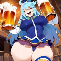 ai_generated alcohol aqua_(konosuba) beer beer_mug blue_hair blush bow breasts closed_eyes covered_nipples cup depressu drunk female foam happy holding holding_cup kono_subarashii_sekai_ni_shukufuku_wo! large_breasts long_hair micro_panties mini_skirt mug open_mouth skirt smile solo thighhighs thighs