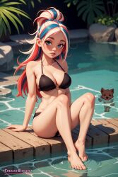 ai_generated artist_name bare_legs barefoot bikini black_bikini blue_eyes blue_hair blush breasts cleavage collarbone creamybiscuit feet female full_body lips long_hair looking_at_viewer medium_breasts mole multicolored_hair o-ring o-ring_bikini outdoors parted_lips ponytail red_hair sitting soaking_feet solo stable_diffusion streaked_hair swimsuit toes two-tone_hair water wet white_hair