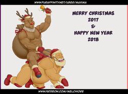 2017 abs anthro antlers armpit_hair balls beard bell biceps bit_gag boots capreoline cervid christmas clothed clothing domination duo facial_hair footwear gag gloves hair hat holidays holly_(plant) horn human human_on_anthro interspecies jockstrap knee_pads male male_domination mammal maxima_(artist) moustache muscular muscular_male navel nipples pecs plant reindeer riding rudolph saddle santa_claus santa_hat simple_background submissive_male topless underwear white_background white_hair yaoi