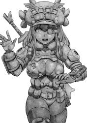 armor belt blush breasts cleavage cowboy_shot female_focus fingerless_gloves gloves greyscale hat helmet large_breasts long_hair looking_at_viewer lotusgun monochrome navel nipples open_mouth petrification pouch scar simple_background solo statue stone_statue teeth torn_clothes weapon white_background wide-eyed