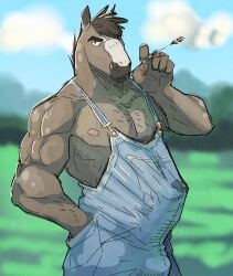 2017 5_fingers anthro biceps big_penis brown_body brown_eyebrows brown_fur brown_mane clothing colored detailed_background equid equine erection erection_under_clothing eyebrows farmer fingers fur genitals hand_in_pocket hi_res horse humanoid_hands male mammal mane muscular muscular_anthro muscular_male nipples outside overalls pecs penis pockets sky solo straw_in_mouth thick_eyebrows triceps zhaqez