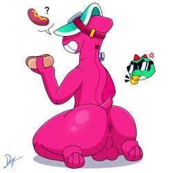 angry bean_smile big_ass brawl_stars buzz_(brawl_stars) dinosaur doug_(brawl_stars) drafflexy hotdog male/male male_only pink_body seductive smile teeth