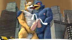 3d anthro avian bird canid canine canis city cum cum_on_ground falco_lombardi flooding fox fox_mccloud hi_res human humanoid_penis kissing low-angle_view macro male male_only mammal masturbation nintendo penis source_filmmaker star_fox taxi tongue tongue_out video_games zillastudio