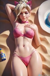 3d ai_generated bra bracelet breasts cameltoe cat_ears choker collar_bell eyes_closed eyeshadow female female_only glistening hair_ornament hand_behind_head hand_on_chest hat medium_breasts mercy overwatch overwatch_2 panties pink_bra pink_nails pink_penis ponytail sand secret_room12 shiny_skin smile stable_diffusion sunbathing top_view