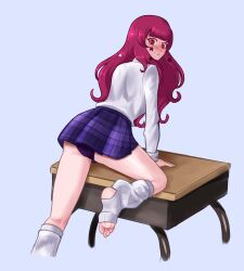 1girls accidental_exposure ass bangs bare_legs big_ass blue_background blush clenched_teeth embarrassed facial_mark facial_tattoo female female_only fire_emblem fire_emblem_engage hair_ornament kneehighs leg_up legs long_hair long_sleeves looking_back nintendo obsidianwasp on_table purple_panties red_eyes school_uniform schoolgirl shirt skirt solo star star_(symbol) sweat table tattoo underwear upskirt violet_hair yunaka_(fire_emblem)