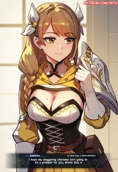 1girls ai_generated beauty_mark braid braided_ponytail breasts brown_eyes brown_hair cleavage english_text female female_only fire_emblem fire_emblem_engage goldmary_(fire_emblem) hair_over_shoulder hiita_(hitta_99) large_breasts mole mole_on_breast nintendo solo text text_box yellow_eyes