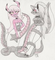 anthro bottomless convenient_censorship covering_breasts covering_crotch covering_mouth female fur furry hellhound helluva_boss loona_(helluva_boss) octopus_girl tagme tentacle tentacles verosika_mayday_(helluva_boss) white_body white_fur