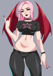 2d black_fingernails chocker cowboy_shot devil_horns devil_wings fortnite haze_(fortnite) iogrunt lipstick long_hair midriff pink_hair red_eyes