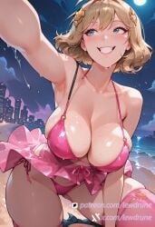 ai_generated anime anis_(nikke) beach blonde_hair blue_eyes cityscape excited female from_below goddess_of_victory:_nikke grin illustration large_breasts lewdrune moonlight night ocean outdoors pink_bikini pink_thighhighs sand solo string_bikini twintails upskirt waves wet wet_clothes