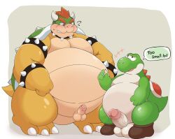 0907_kapi 2024 anthro balls belly big_belly blush bowser duo english_text erection genitals green_body hi_res kemono koopa male male/male mario_(series) nintendo obese obese_male overweight overweight_male penis penis_size_difference scalie simple_background small_penis text yoshi