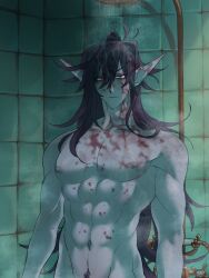 1boy abs ahoge armpits bathroom black_hair blood blood_stain broad_shoulders elf_ears etzel_mormorion_(ohiko1) fit fit_male grey_nipples grey_skin hair indoors long_eyelashes long_hair long_hair_male looking_away looking_away_from_viewer male male_focus male_only nipples no_visible_genitalia nude ohiko1 original_character pecs pubic_hair pubic_hair_peek purple red_eyes shaved_armpit shoulders shower showering tile_wall tiles very_long_hair water