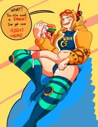 1girls big_penis burger conch_lover eating female from_below futa_only futanari highres looking_at_viewer one_piece original_artwork penis precum precum_drip self_upload sitting smug smug_face smug_grin speech_bubble text text_bubble tight_clothing tight_underwear tummy vegapunk_york