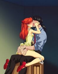 1boy age_difference amondetauro ass_grab asuka_langley_sohryu black_hair blue_choker blue_shirt choker dress female highres kissing mary_janes necktie neon_genesis_evangelion orange_hair panties ryoji_kaji saliva shirt straight sundress underwear white_panties yellow_dress