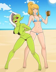 2girls alien arms_behind_back arrest ass_visible_through_thighs beach bikini blonde_hair blue_eyes bottle breasts crossover disney disney_channel disney_xd eastern_and_western_character female female_only green_skin killer_lotion lord_dominator lotion metroid navel nintendo peril pointy_ears red_eyes restrained rodjim samus_aran sidelocks snuff sunscreen swimsuit wander_over_yonder white_hair