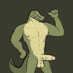 alligator alligatorid anthro balls big_balls big_penis crocodilian dickinoatmeal foreskin genitals hi_res huge_cock humanoid male male_only muscular muscular_male penis pose reptile scalie simple_background simple_eyes solo vein veiny_penis