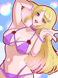 1girls arm_behind_head armpits artist_request big_breasts bikini blonde_hair blue_eyes blush bonne_jenet breasts busty cleavage fatal_fury female female_only garou:_mark_of_the_wolves hi_res jenet_behrn king_of_fighters large_breasts legs long_hair looking_at_viewer navel nmkpsho open_mouth outstretched_arm pose posing purple_bikini purple_eyes smile snk solo swimsuit thighs unknown_artist