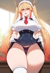 ai_generated athletic_female bare_legs big_breasts blonde_hair blush disgusted_expression dragon_girl dragon_horns horn horns huge_breasts huge_thighs kobayashi-san_chi_no_maidragon light-skinned_female light_skin livefrog massive_breasts multicolored_hair orange_eyes panties short_dress skirt_lift solo_female squatting sweat sweatdrop thick_thighs thighhighs thighs thighs_bigger_than_head tohru_(dragon_maid) twintails upskirt voluptuous voluptuous_female