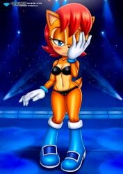 bbmbbf bikini blush boots bracelet bracelets brown_fur cameltoe cleavage covering_face diamond_level female furry furry_female gloves mobius_unleashed nervous palcomix red_hair sally_acorn sega shy sonic_(series) sonic_the_hedgehog_(archie) sonic_the_hedgehog_(comics) stage stage_lights