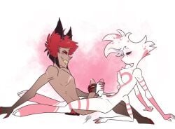 :o alastor_(hazbin_hotel) angel_dust_(hazbin_hotel) animated anthro antlers cum cum_on_body cum_on_lower_body cum_on_self cum_on_stomach cumming cumming_together ejaculate ejaculating ejaculating_cum ejaculating_on_self ejaculation fur fur_tuft gay handjob hazbin_hotel homosexual hooves jerking jerking_off jerkingoff masturbating masturbation mutual_masturbation mutual_orgasm nervous nervous_expression nervous_face nervous_male nervous_smile red_eyes red_hair sharp_teeth tagme video white_fur