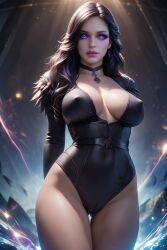 ai_generated black_hair breasts cameltoe clothing collar cunningstuntda female light-skinned_female nipples_visible_through_clothing purple_eyes solo the_witcher_(series) the_witcher_3:_wild_hunt tight_clothing yennefer