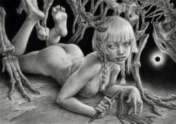 1girls ass bones cleavage greyscale imminent_sex kenthedrawer lying nude skeleton traditional_media_(artwork)