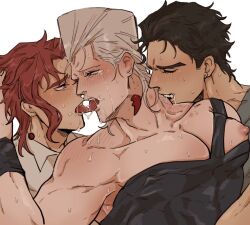 3boys bite_marks black_hair blue_eyes blush blush_lines blushing_profusely closed_eyes drool earrings french_kiss from_behind gay hand_on_another's_head hard_nipples hi_res jean_pierre_polnareff jojo's_bizarre_adventure jotaro_kujo kissing kissing_neck male/male/male muscular muscular_male nan_polpol nipple nipples_visible_through_clothing noriaki_kakyoin purple_eyes red_hair shoulder_blush silver_hair stardust_crusaders sweat sweaty_body tears threesome yaoi なん