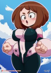 1girls blush bodysuit brachyzoid breasts brown_eyes brown_hair floating floating_breasts hero_outfit_(mha) my_hero_academia navel nipple_bulge ochako_uraraka thighs tight_clothes wide_hips