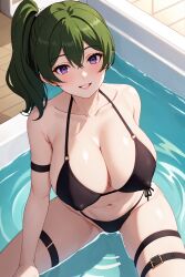 1girls ai_generated bathtub big_breasts bikini black_bikini dark_green_hair detailed_eyes erect_nipples_under_clothes eyes green_hair hair huge_breasts human nipple_bulge poolside purple_eyes smiling solo sousou_no_frieren swimming_pool swimsuit thigh_strap thigh_straps ubel_(sousou_no_frieren) violet_eyes water