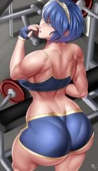 1girls abs alternate_hairstyle arcedo ass ass_focus back back_view bare_back blue_eyes blue_hair booty_shorts female female_only fingerless_gloves fire_emblem fire_emblem_awakening fit fit_female from_behind gloves gym gym_uniform highres large_ass legs lucina_(fire_emblem) muscular muscular_back muscular_female nintendo open_mouth short_hair short_shorts shorts solo sports_bra sports_shorts sports_uniform sportswear symbol-shaped_pupils tank_top thick_thighs