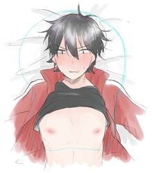 1boy bed blush clothed eye_contact half-closed_eyes kagerou_project kisaragi_shintarou looking_at_viewer mekakucity_actors mousepad nipples shirt shirt_lift shounen_ai sketch source_request sweat yaoi