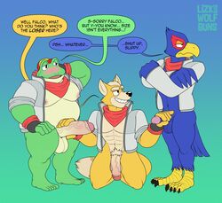 3boys abs amphibian anthro avian balls bird blush bottomless canid canine circumcised clothed clothing comparing comparing_penis dialogue english_text falco_lombardi fox fox_mccloud frog gay humanoid_penis male male_only mammal nintendo nipples penis pubes retracted_foreskin slippy_toad star_fox text uncut vein video_games wolfbuns yaoi