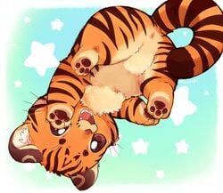 2018 ambiguous_gender anus anus_only brown_eyes brown_fur brown_pawpads featureless_crotch felid feral fur huiro low-angle_view mammal orange_fur pantherine pawpads paws simple_background solo star striped_fur stripes tiger whiskers x_anus young