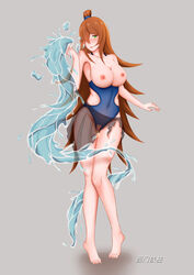 1girls areolae barefoot big_breasts blush breasts brown_hair cum cum_drip cum_in_pussy cum_in_pussy dragon exposed_pussy feet female female_only green_eyes hair_over_one_eye heart_cutout mei_terumi naruto naruto_(series) naruto_shippuden nipples see-through see-through_swimsuit seisen smile swimsuit tied_hair topknot vagina water