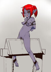 2019 black_sclera bondage bound breast_bondage breasts censored dark_elf elf female hair hands_tied hi_res humanoid j7w legs_tied nipples nude pointy_ears purple_skin pussy pussy_juice red_eyes red_hair shackles solo sweat wooden_horse