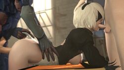 1girls 2boys 3d animated areolae ass breasts erection fellatio female male nier nier:_automata nipples no_sound no_watermark oral penis sfmfuntime small_penis source_filmmaker spitroast straight threesome vaginal_penetration video yorha_2b