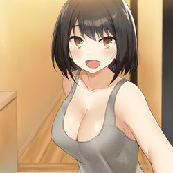 1girls bare_shoulders big_breasts black_hair blush breasts brown_eyes busty cccpo cleavage cute erect_nipples female happy no_bra open_mouth original pov short_hair tank_top