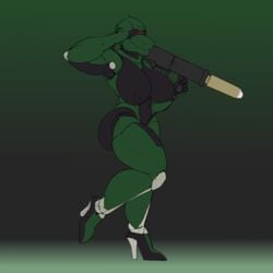 1_eye 2018 android antennae anthro_only ass bald big_breasts big_butt big_nipples breasts bubble_butt clothing female footwear gradient_background hi_res high_heels holding_object holding_weapon huge_breasts machine mel_(beyxer) navel nipples no_humans nolollygagging nude one_leg_up pinup pose puffy_nipples pussy raised_leg ranged_weapon robot rocket_launcher rubber salute shoes simple_background solo standing thick_thighs voluptuous weapon wide_hips wire