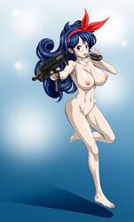 areolae armpits blue_eyes blue_hair blush breasts curly_hair dragon_ball explosive feet female full_body good_launch gradient gradient_background grenade groin hair_ribbon highres holding holding_weapon large_breasts launch legs long_hair matching_hair/eyes navel nel-zel_formula nipples nude open_mouth ribbon shadow simple_background smile solo standing thighs toes weapon