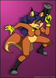 2018 5_fingers anthro big_tail blue_hair brown_eyes canid canine cannid carmelita_fox clothing collar ear_piercing eyelashes female footwear fox fur gloves gun hair lipstick makeup mammal nipples nude orange_fur piercing ranged_weapon shock_pistol shoes simple_background sly_cooper_(series) smooth_fur solo tagme verona7881 video_games weapon