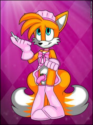 2018 5_fingers anthro blue_eyes bow canid canine cannid chastity chastity_cage clothed clothing flat_chested fox fur gloves head_tuft key legwear male male_only mammal miles_prower multi_tail orange_fur pink_gloves simple_background skirt smile solo sonic_(series) tagme tails verona7881 video_games