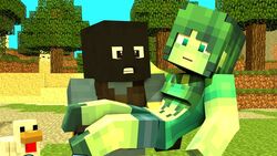 1boy 1boy1girl 1girls 3d chicken_(minecraft) cubic_breasts green_eyes green_hair green_skin human mask minecraft monster monster_girl prank youtube zombiezombie_girl_(minecraft)