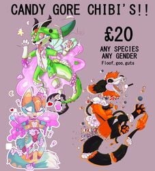 2019 advertisement anthro blood candy_gore chibi cure_(character) english_text female feral food fur gore grumpy_griffin_creations_(artist) guts hair hi_res intestines looking_at_viewer male open_mouth simple_background smile solo teeth text tongue