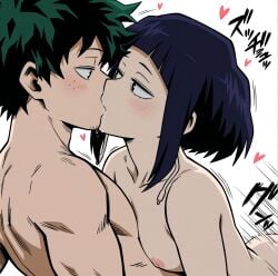 ai_generated boku_no_hero_academia curly_hair green_eyes heart izuku_midoriya japanese_text jiro_kyoka jirou_kyouka kissing kissing_while_penetrated kyoka_jiro kyouka_jirou midoriya_izuku motion_lines my_hero_academia nude nude_female nude_male on_top_of purple_hair sex short_hair