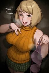 1boy 1girls ashley_graham ashley_graham_(ella_freya) big_breasts blonde_hair bra bra_meme bra_removed breasts capcom dialogue english_text female green_skirt hi_res large_breasts leon_scott_kennedy looking_at_viewer male male_pov narrowed_eyes no_bra offering_underwear resident_evil resident_evil_4 resident_evil_4_remake rizdraws showing_off skirt smiling smiling_at_viewer solo speech_bubble steam steamy_breath sweat_clouds sweat_stain sweaty sweaty_bra talking_to_viewer turtleneck_sweater voluptuous