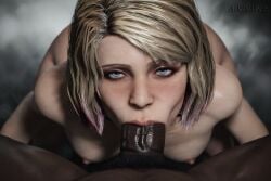 3d ai_generated cheating dark-skinned_male ikntlive interracial looking_at_viewer male maria_(silent_hill) multicolored_hair silent_hill silent_hill_2 silent_hill_2_remake snowbunny