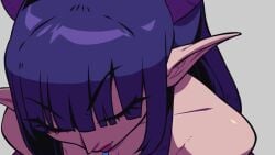 2d 2d_animation animated bare_shoulders blunt_bangs bouncing_breasts breasts clothes_pull female grin jewelry large_breasts lipstick long_hair makeup mole mole_on_breast necklace nipples no_sound original pointy_ears purple_hair shirt_pull short_video smile solo speedoru speedosausage tagme video