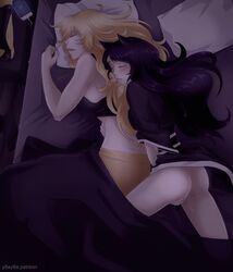 animal_ears ass black_hair blake_belladonna blonde_hair canon_couple cat_ears closed_eyes couple drooling fingering masturbation rwby sleeping y8ay8a yang_xiao_long yaya_(y8ay8a) yuri