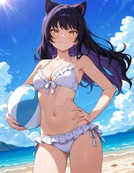 2025 ai_generated beach_background blake_belladonna deviantart elryusam female female_only hand_on_hip holding_beachball inviting_viewer looking_down_at_viewer rwby smile_at_viewer smiling_at_viewer tv_show white_bikini