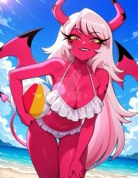 2025 ai_generated beach_background belly deviantart elryusam female female_only grinning_at_viewer helluva_boss holding_beachball looking_down_at_viewer smile_at_viewer smiling_at_viewer tummy verosika_mayday_(helluva_boss) vivziepop white_bikini youtube