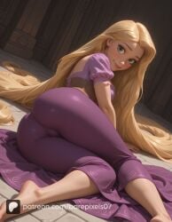 1girls ai_generated artist_name ass barefoot barepixels07 blonde_hair breasts cleavage clothed disney disney_princess female green_eyes hi_res light-skinned_female long_hair looking_at_viewer makeup mature mature_female medium_breasts patreon_username perfect_body pink_dress rapunzel rapunzel_(tangled) slim_waist smile solo spread_legs tangled thighs uncensored very_long_hair wide_hips